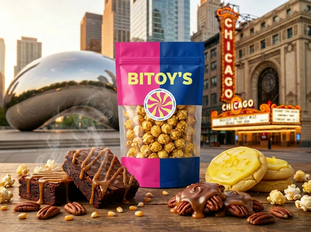 Gourmet caramel popcorn drizzled with rich chocolate, handcrafted by Bitoy's in Chicago