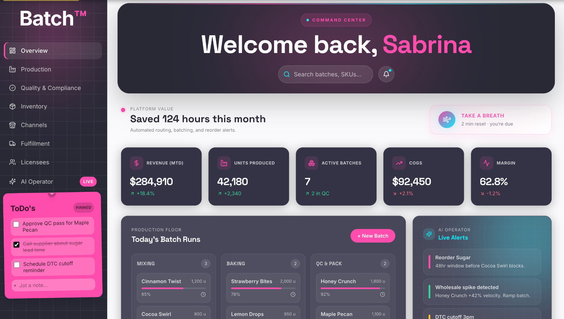 Batch dashboard command center showing production runs, live KPIs, and AI operator alerts