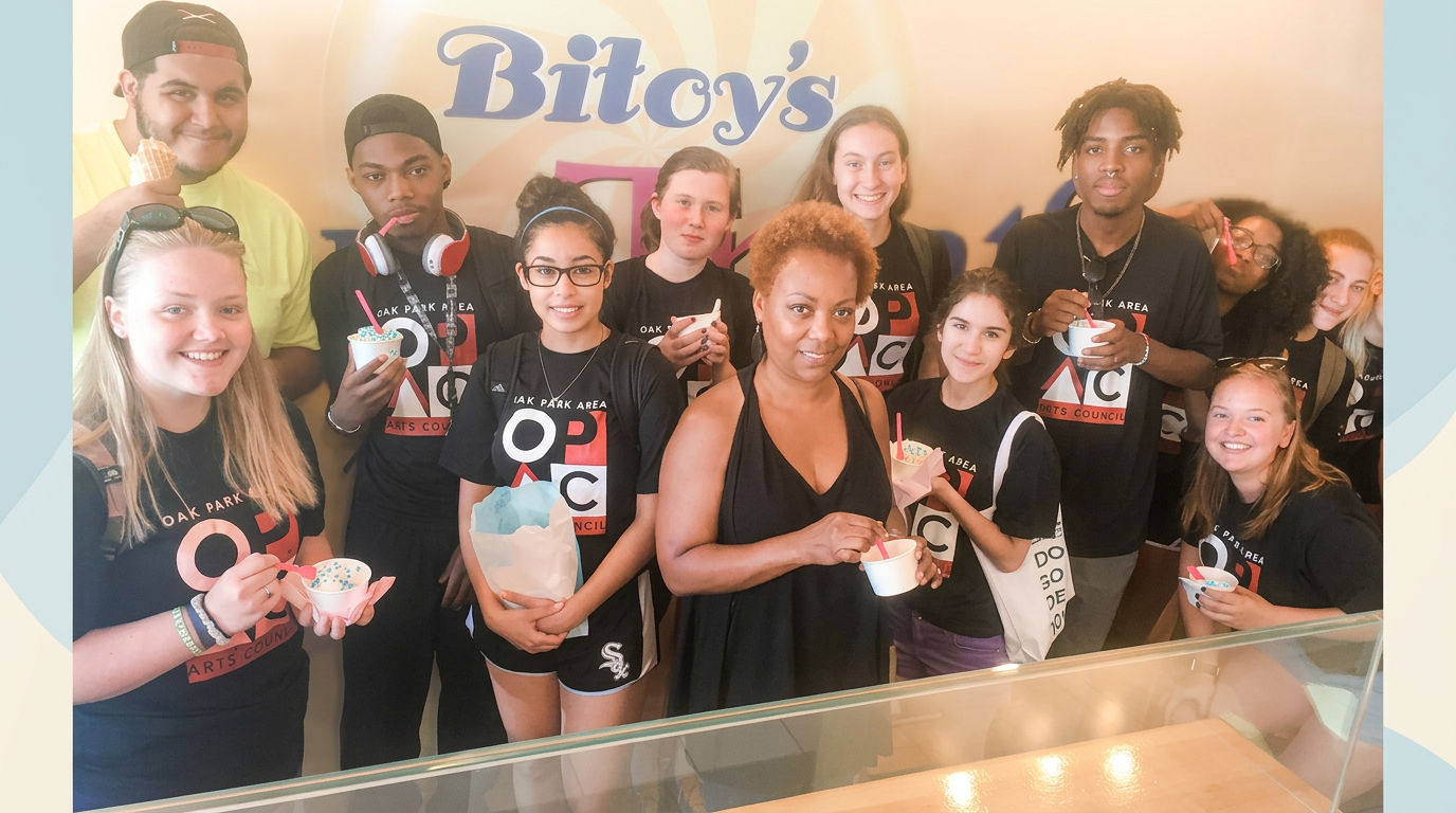 A group of community members enjoying Bitoy's treats together in the shop
