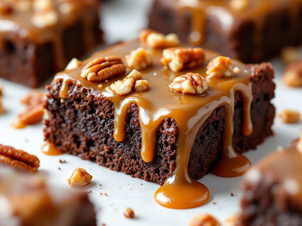 Award-winning turtle brownie with caramel drizzle and pecans